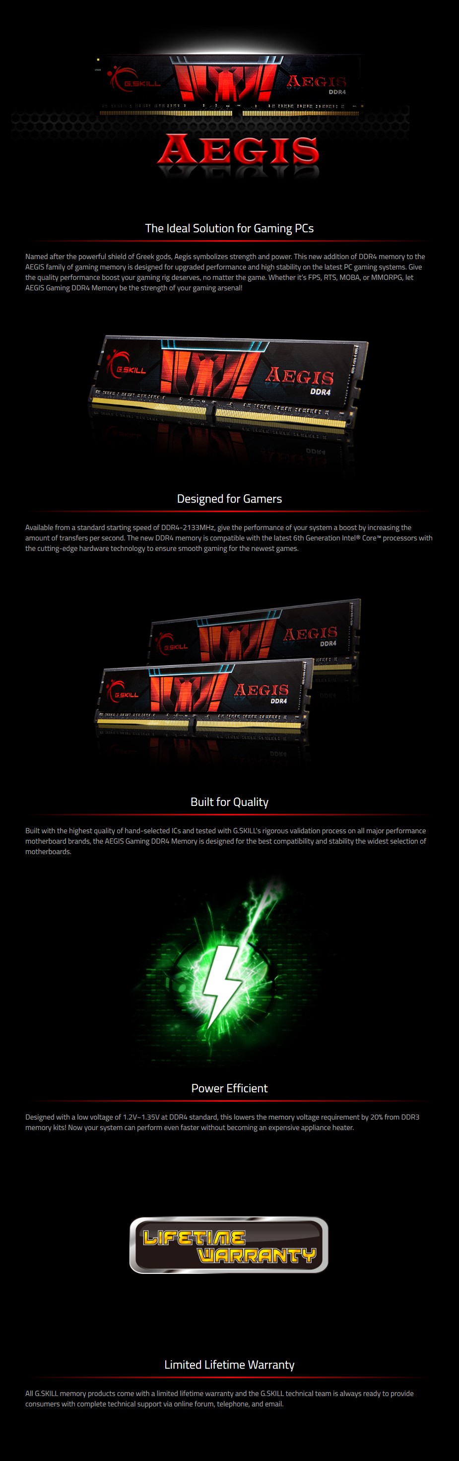 A large marketing image providing additional information about the product G.Skill 8GB Kit (1x8GB) DDR4 Aegis CL16 3200MHz - Black - Additional alt info not provided